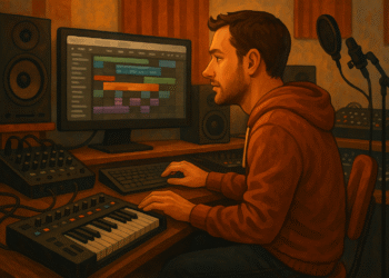 A adult in a music studio working on computer and music system