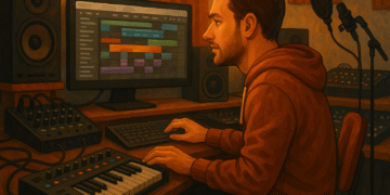 A adult in a music studio working on computer and music system